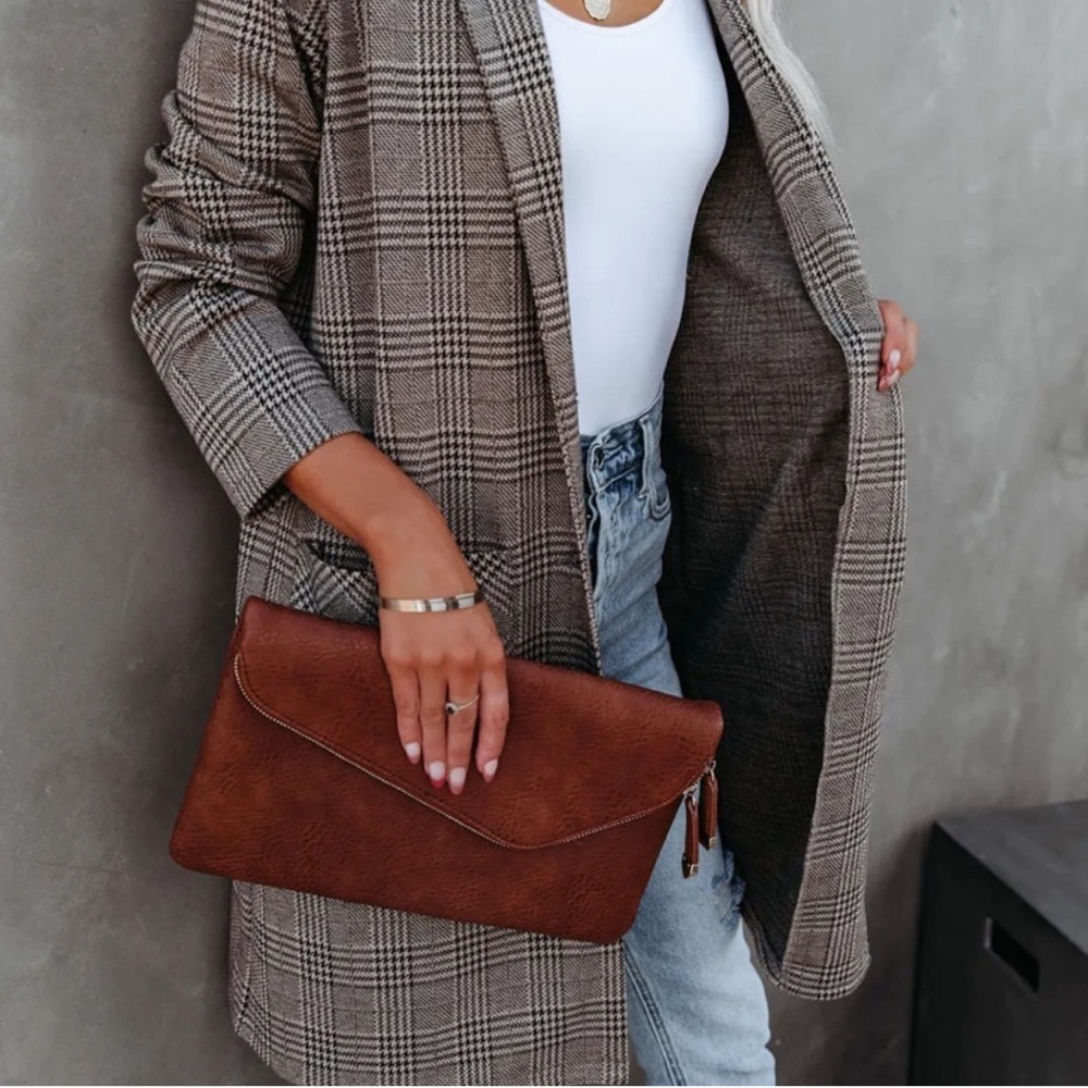 NWT En Creme Plaid Pocket Knit Coatigan Cardigan Coat Button Chocolate Taupe - Picture 6 of 10